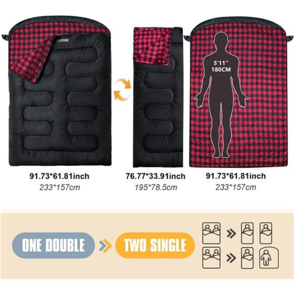 Adults Double Sleeping Bag Flannel with 2 Pillows - Picture 3 of 6